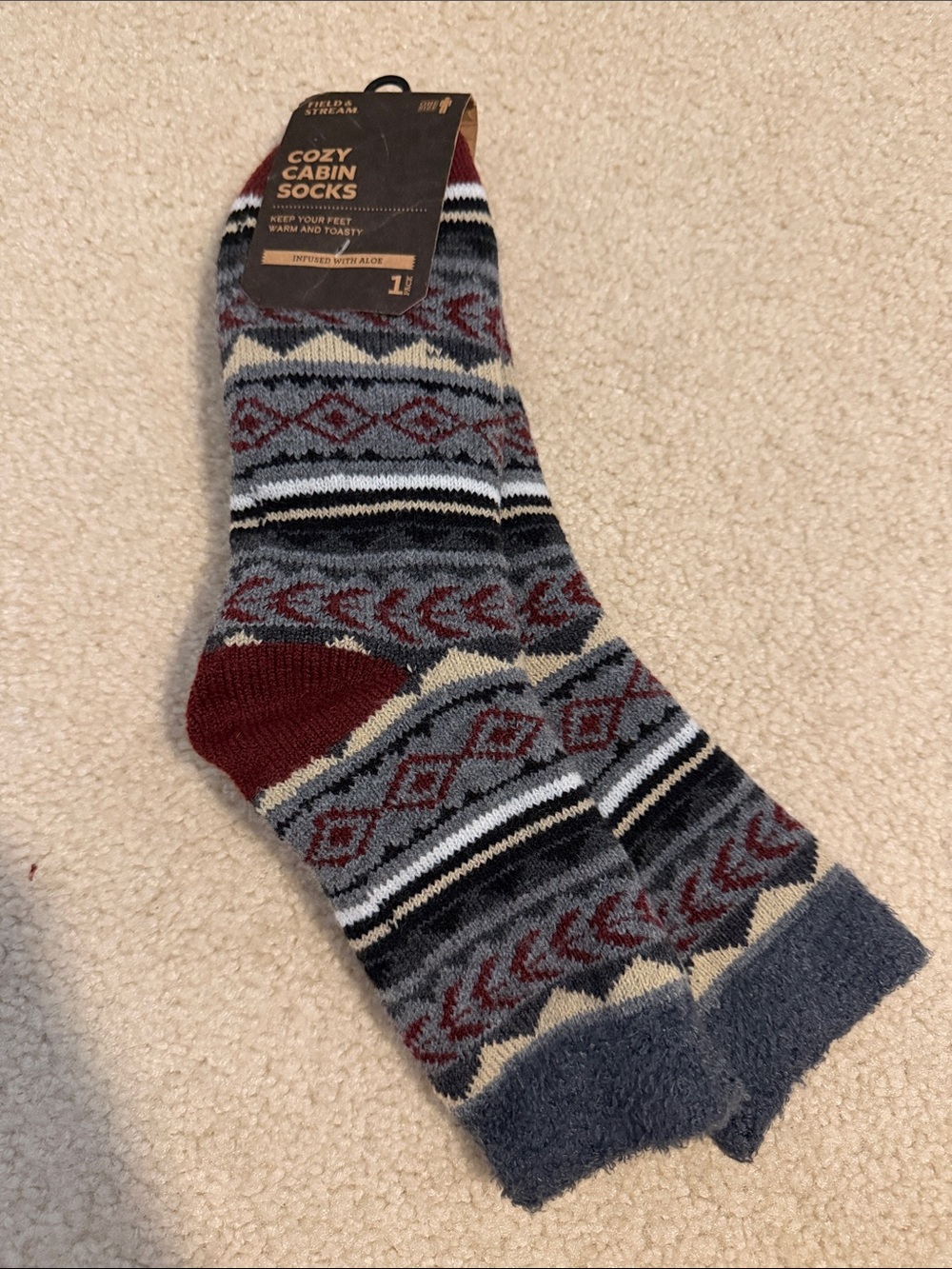 Field & Stream Cozy Cabin Patterned Crew Socks - Gray, Burgundy & Cream